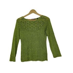 BCBGMaxAzria Green Crochet Knit Top Blouse Long Sleeve Lace‎ Neckline